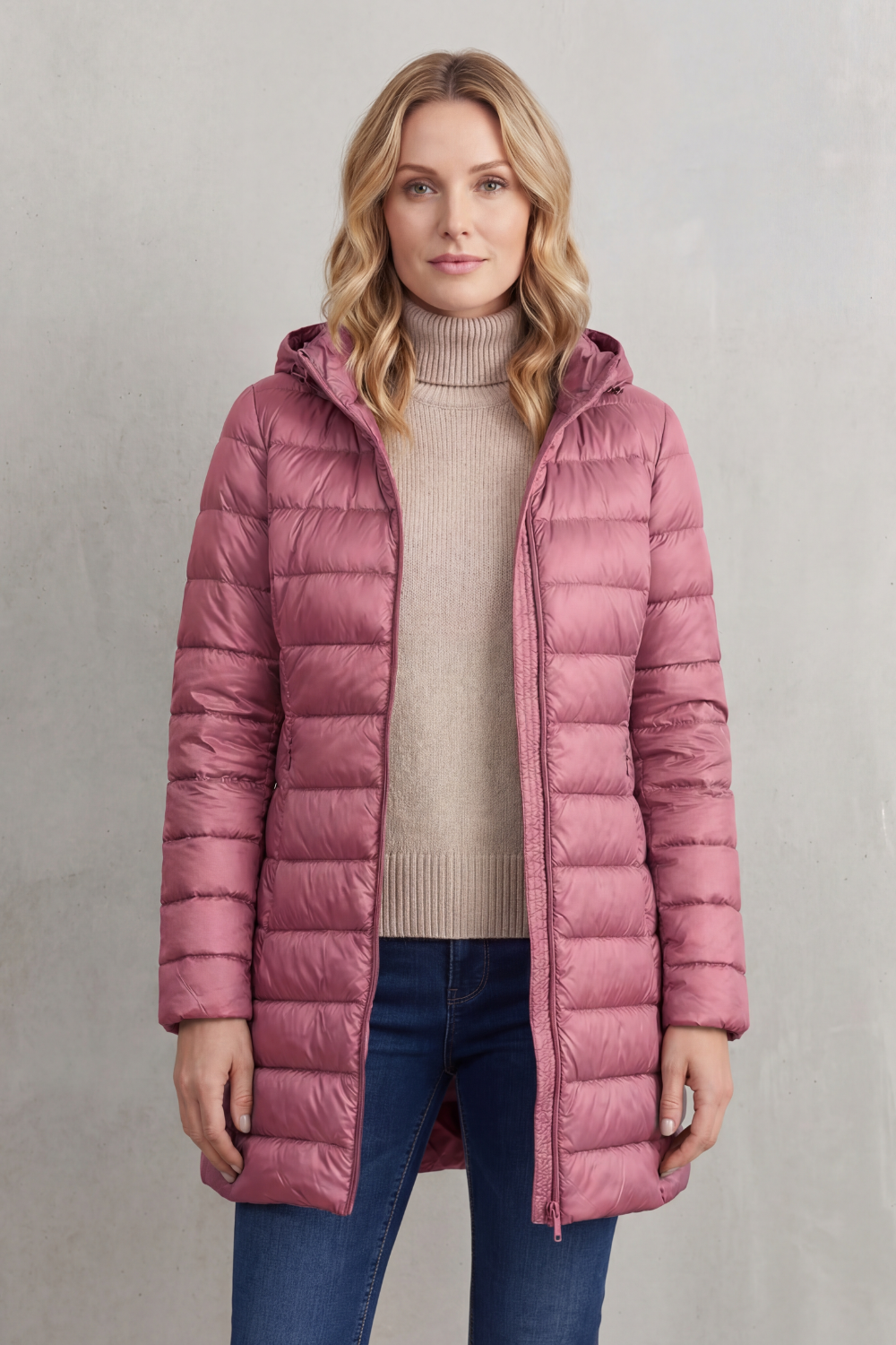 Stylish women's ultra-warm puffer jacket. Hooded, lightweight, and perfect for versatile casual wear.