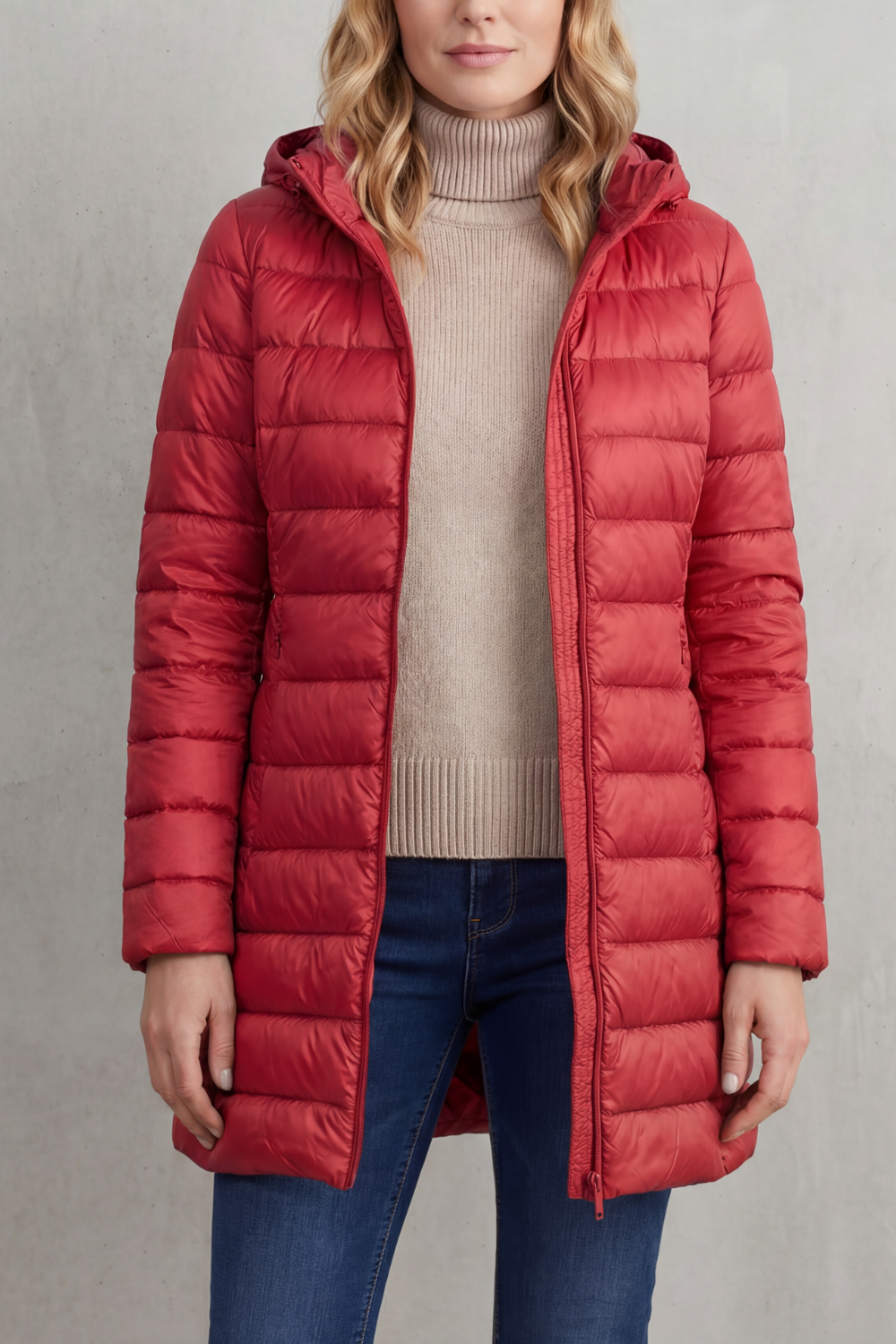 Packable women's travel puffer jacket with hood. Ultra-warm & stylish for fall/winter journeys.