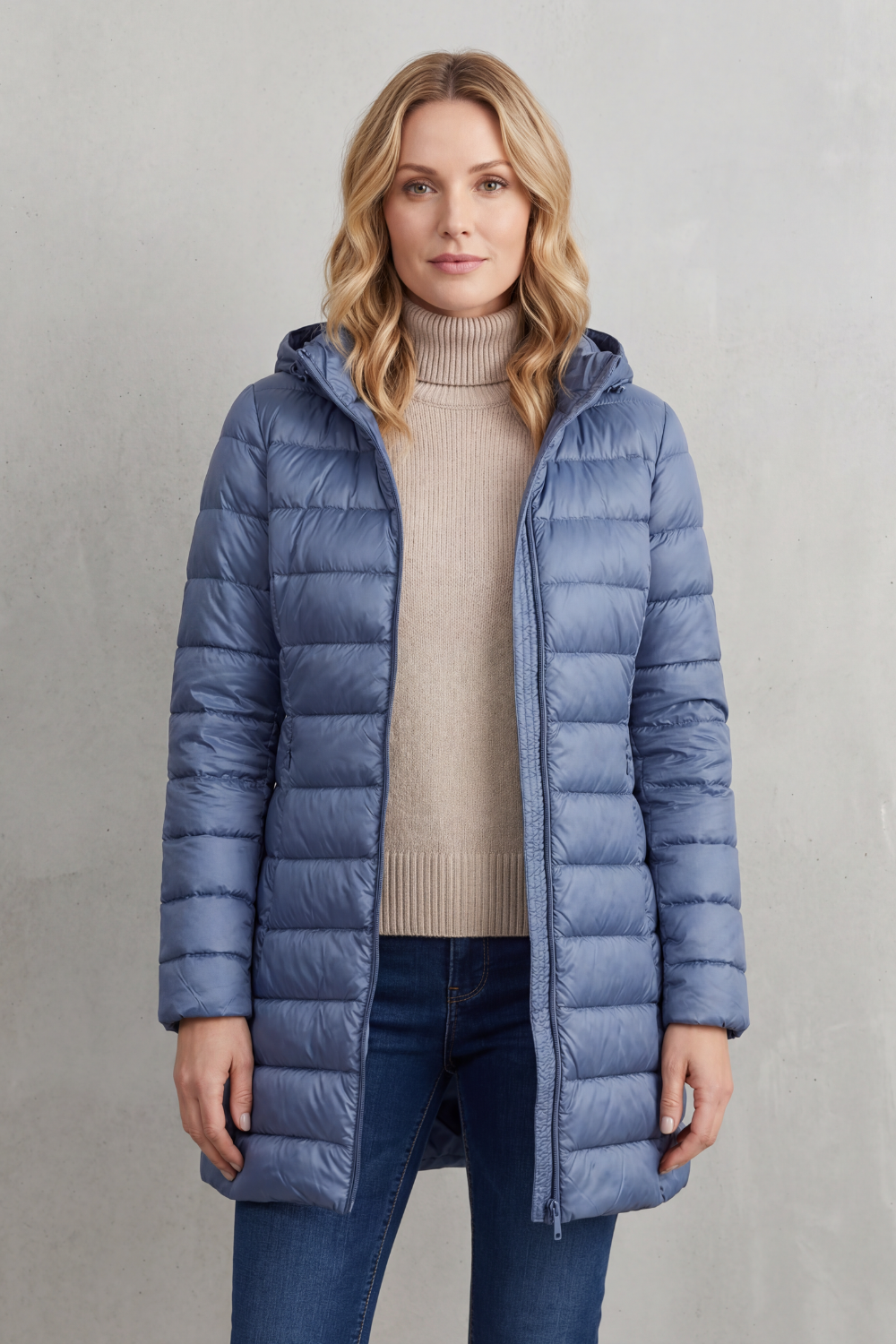 Stylish women's puffer jacket with hood. Perfect warm outerwear for winter fashion & casual wear.