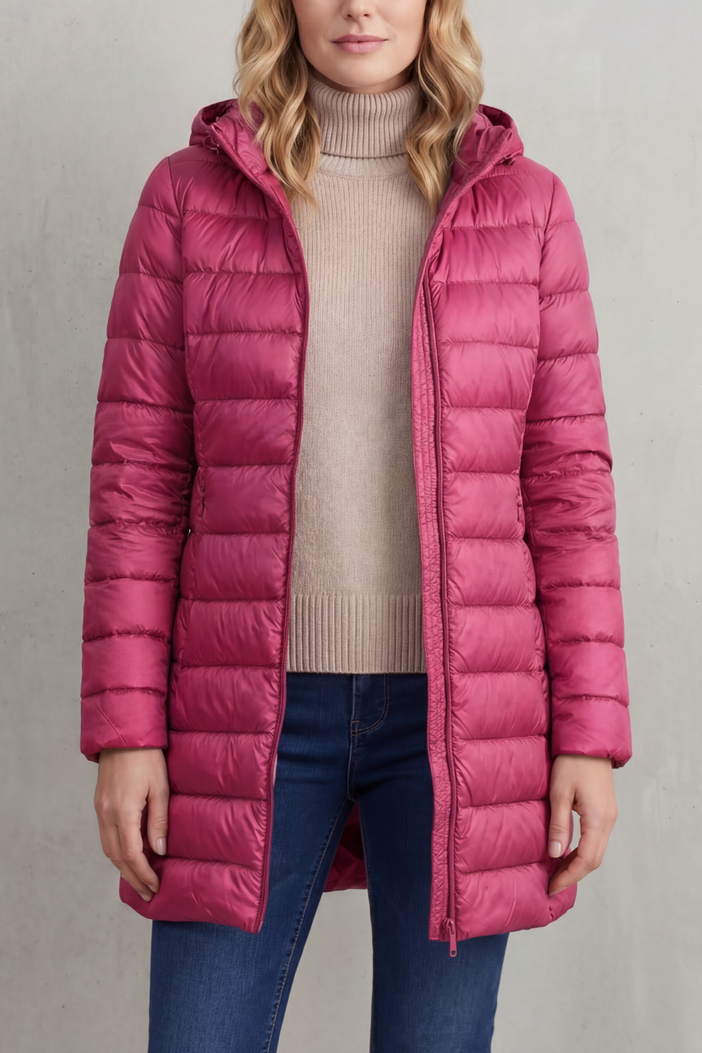 Versatile women's puffer jacket with hood. Lightweight & warm, perfect for fall, winter & travel.