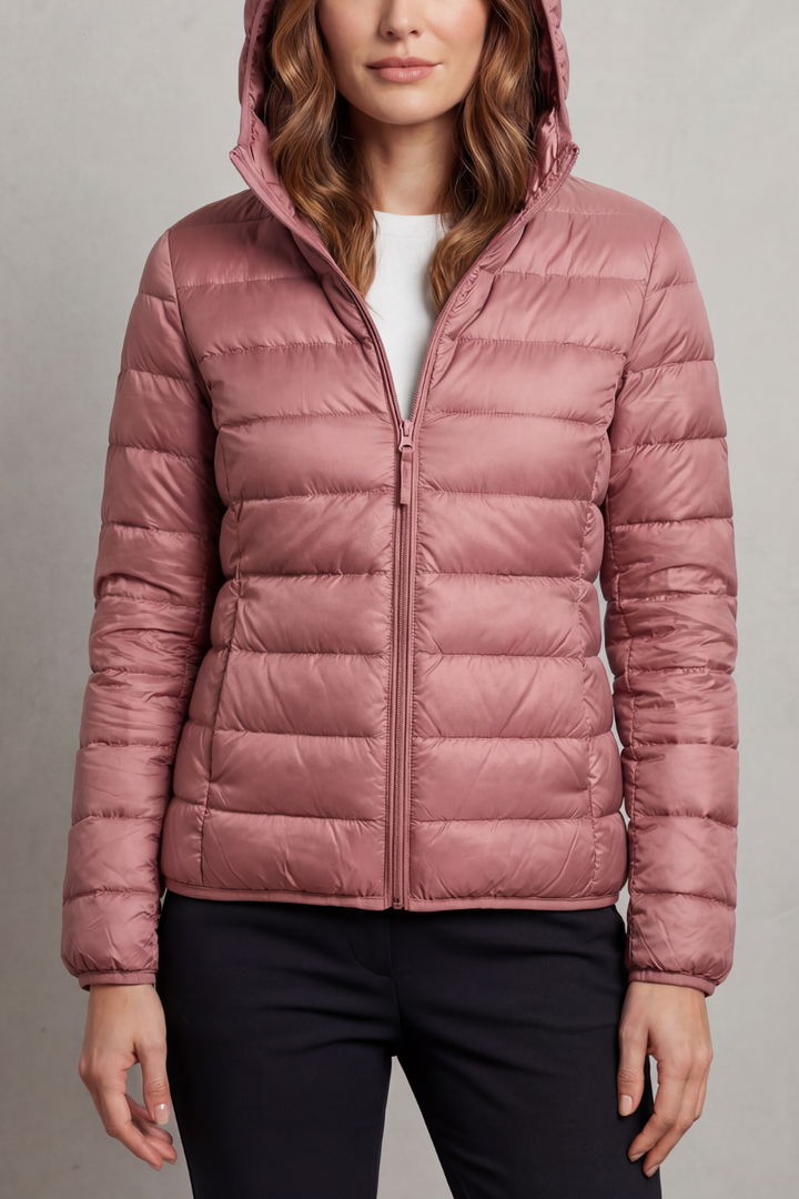 Essential women's packable hooded puffer, ultralight for spring, fall, and mild winter comfort.