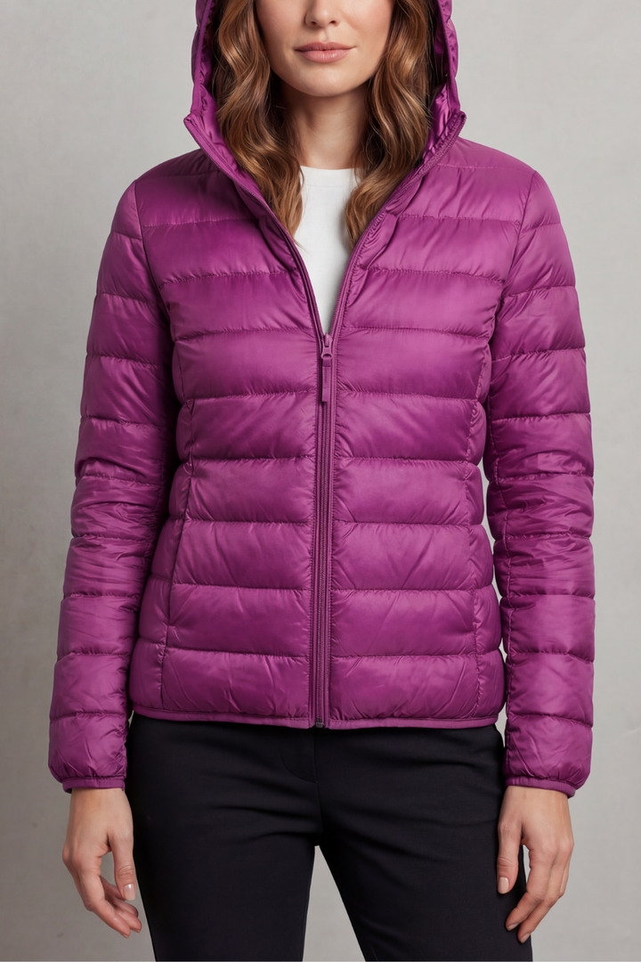 Women's active ultralight packable puffer, hooded, great for hiking & lightweight outerwear needs.