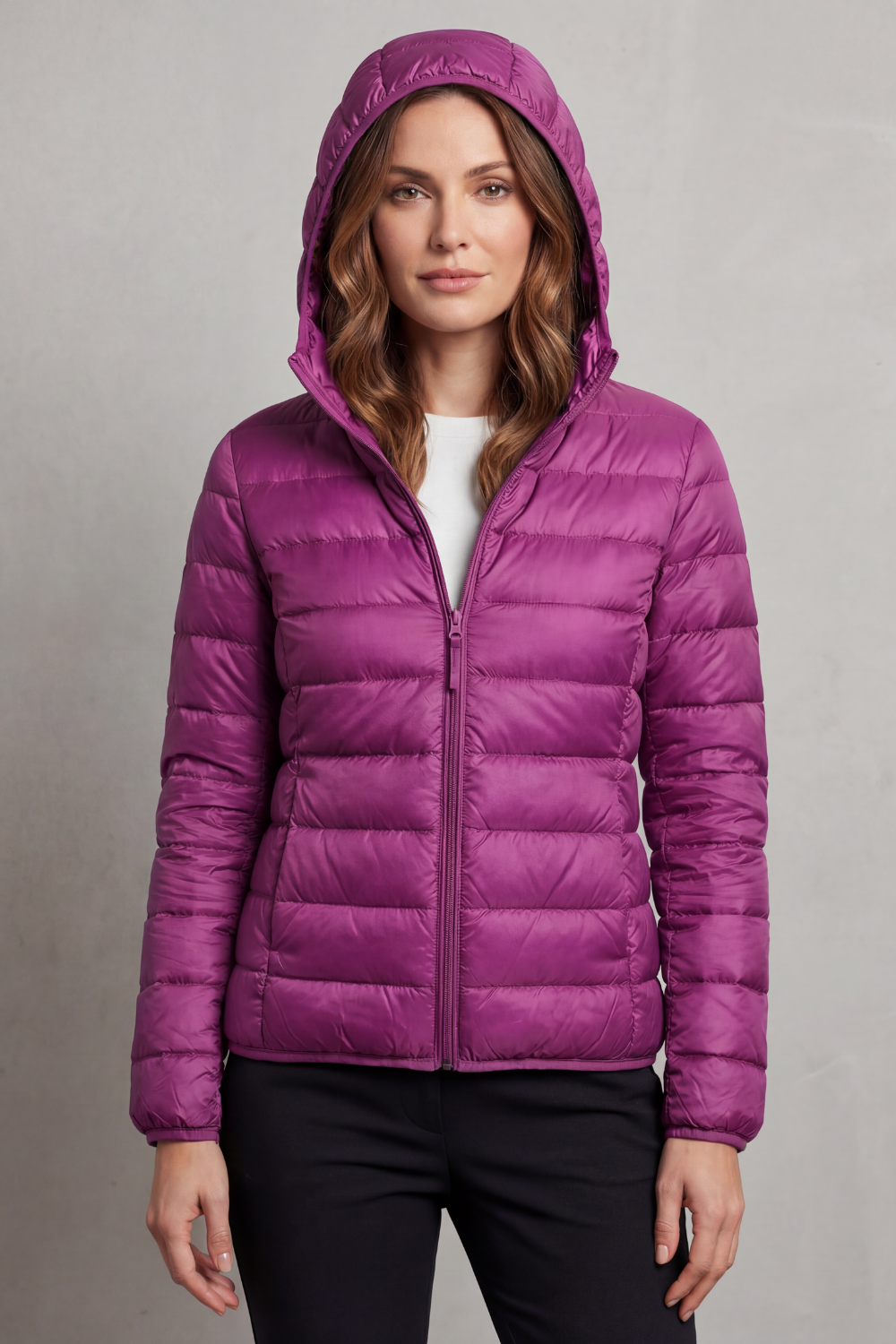 Women's simple ultralight hooded puffer jacket, packable, a versatile everyday outerwear piece.