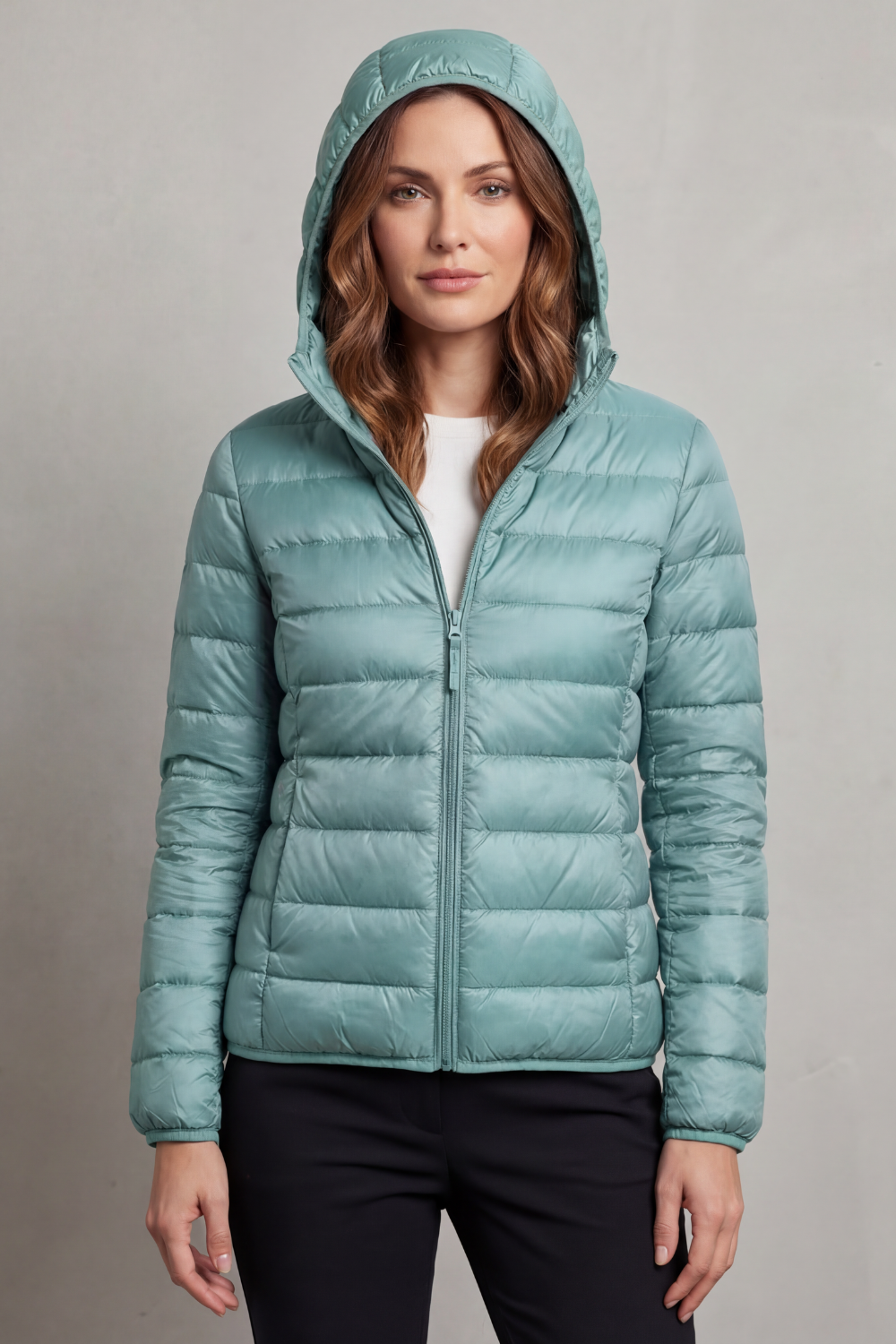 Women's practical ultralight hooded puffer jacket, packable for convenience and warmth.
