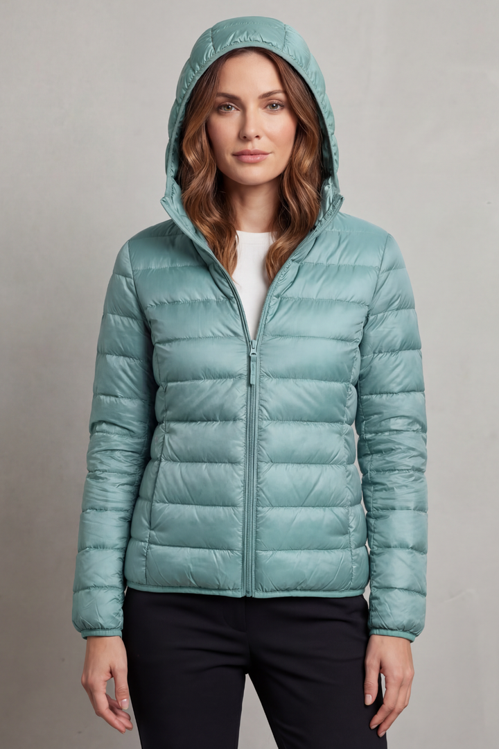 Women's practical ultralight hooded puffer jacket, packable for convenience and warmth.