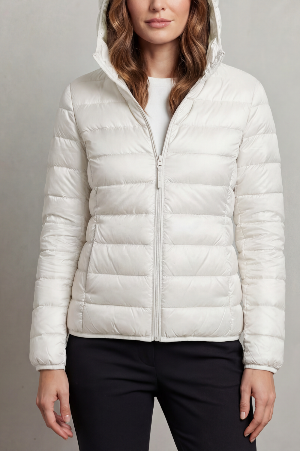 Women's functional ultralight packable puffer with hood, great for layering in fall & spring.