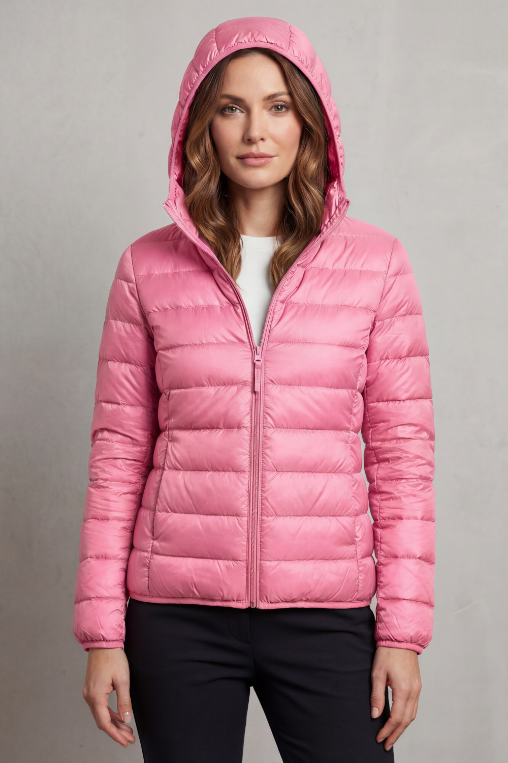 Women's year-round ultralight hooded puffer jacket, packable for spontaneous adventures.