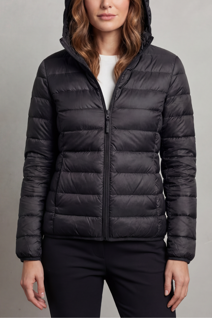 Warm women's packable puffer jacket with hood, ultralight for easy packing & cool weather.