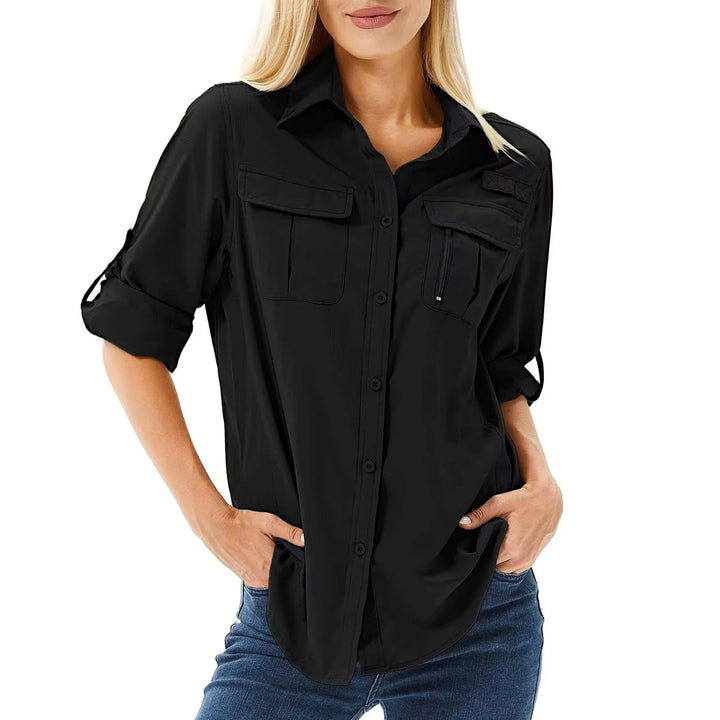 Lightweight women's hiking shirt, UPF 50 sun protection, long roll-up sleeves & practical zip pockets.