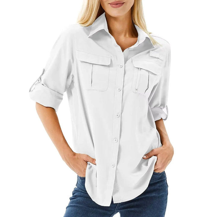 Women's outdoor UPF 50 shirt, long roll-up sleeves for adjustable coverage & secure zip pockets.