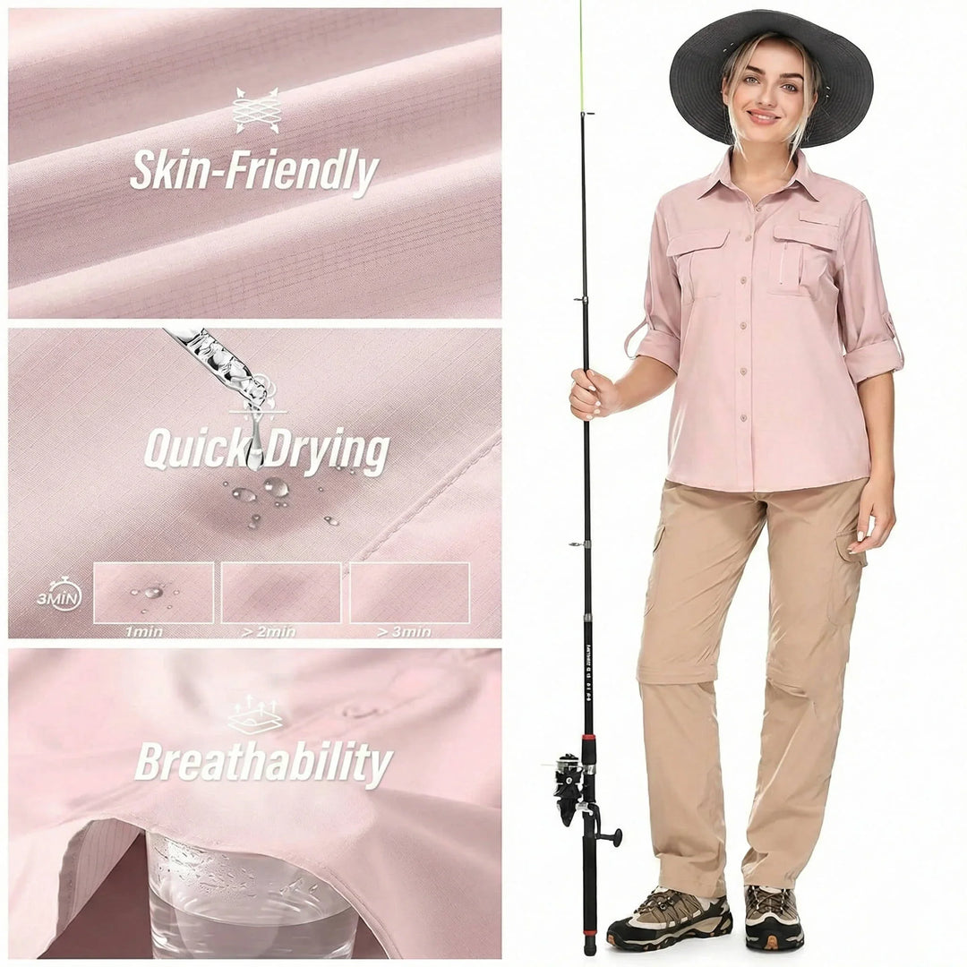Women's hiking & travel shirt, UPF 50, long roll-up sleeves for varied weather & secure zip pockets.