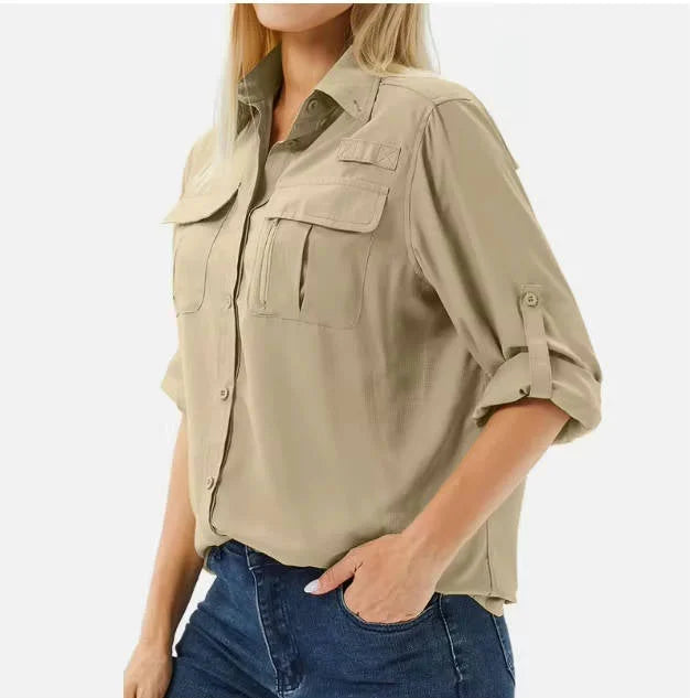 Durable women's UPF 50 shirt, long roll-up sleeves & zip pockets, perfect for any outdoor pursuit.