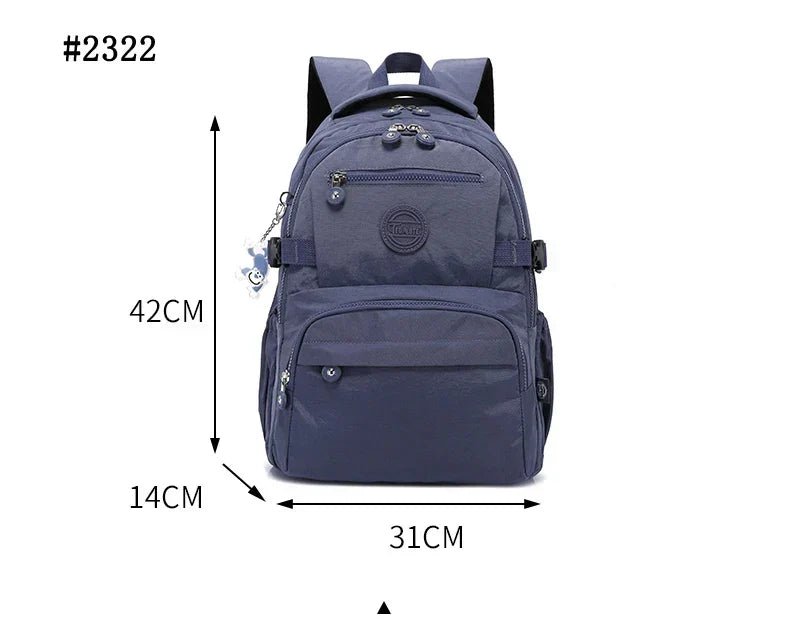 Everyday urban women's backpack, durable water-resistant nylon, with multiple pockets.