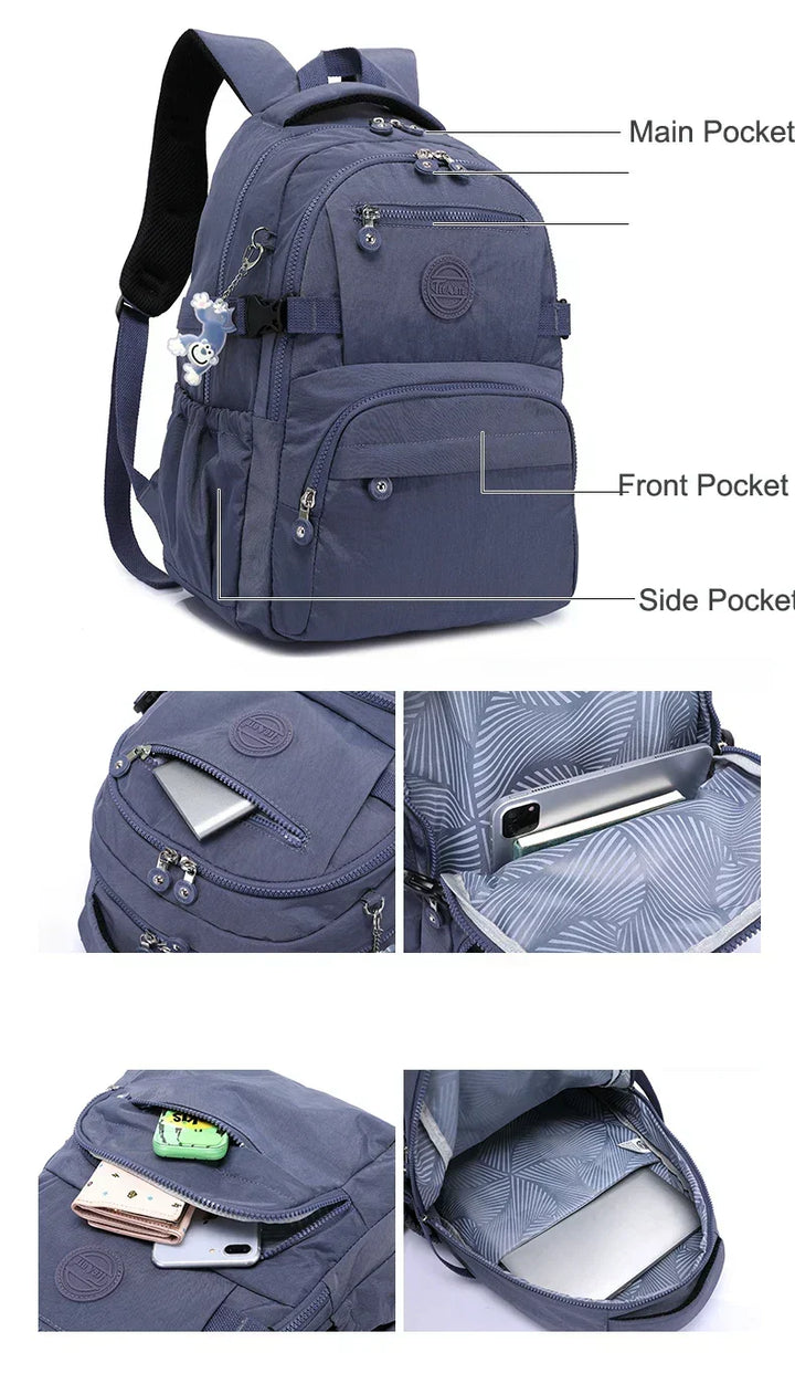 Women's durable water-resistant nylon backpack, versatile for work, school & travel.
