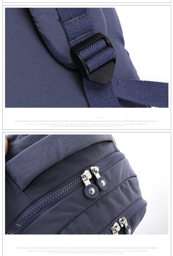 Women's black nylon backpack, durable & water-resistant, comfortable for daily carry.