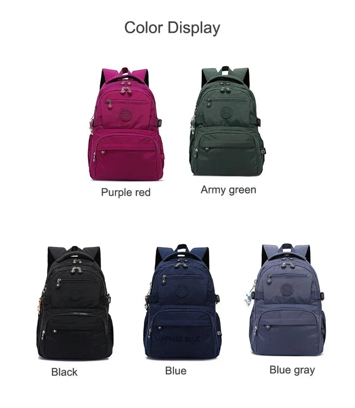 Women's water-resistant nylon backpack, great for school, work & daily commute.