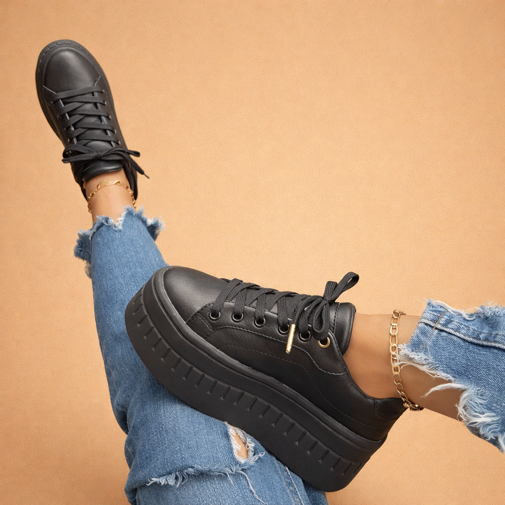 Close-up of trendy women's platform sneakers with a chunky sole, perfect for urban fashion.