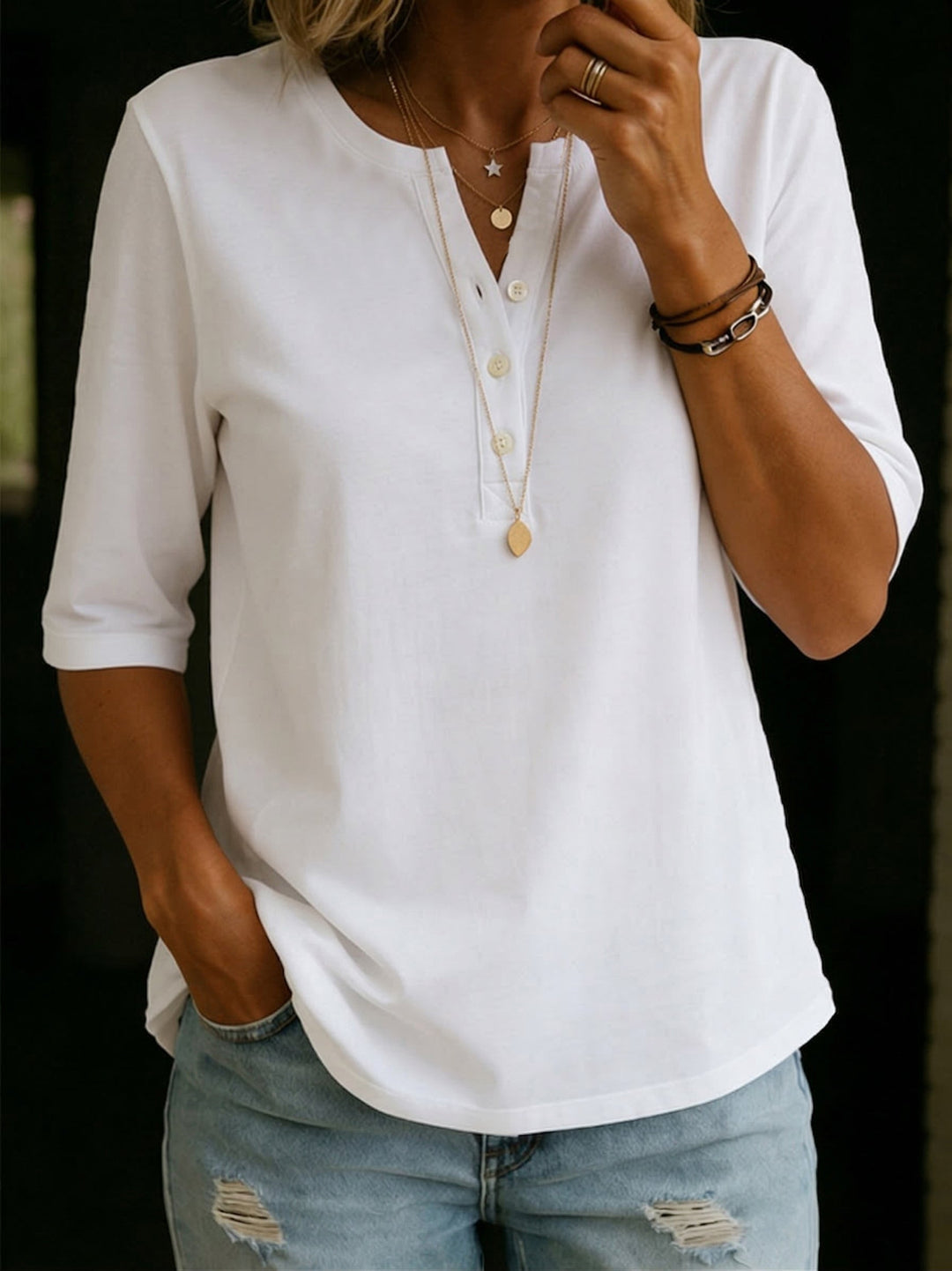 Chic women's V-neck Henley blouse, 3/4 sleeves. A versatile, relaxed fit top for spring & summer.