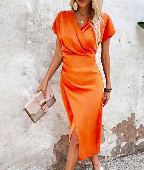 Women's V-neck bodycon midi dress with elegant front split, perfect for party & cocktail events.