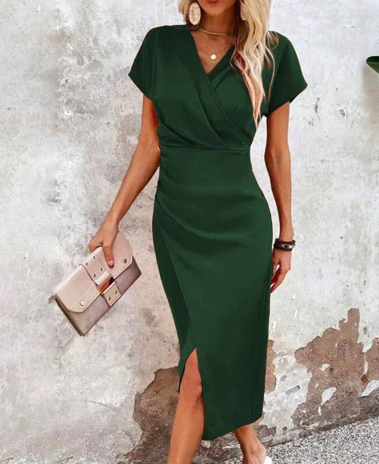 Fashionable women's V-neck bodycon midi dress with a flattering front split, great for parties & special nights.