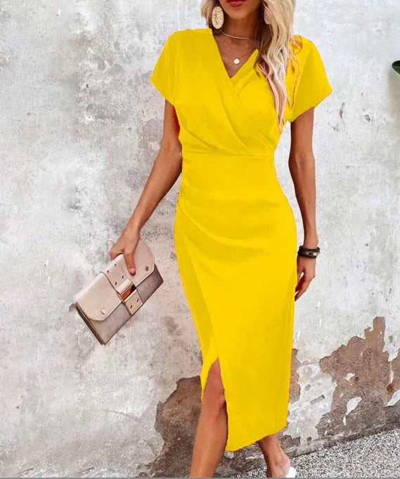 Elegant women's bodycon midi dress, V-neck & front split design, ideal for evening & party wear.