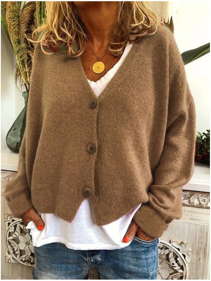 Comfortable women's long-sleeve V-neck button front cardigan, for daily effortless style.