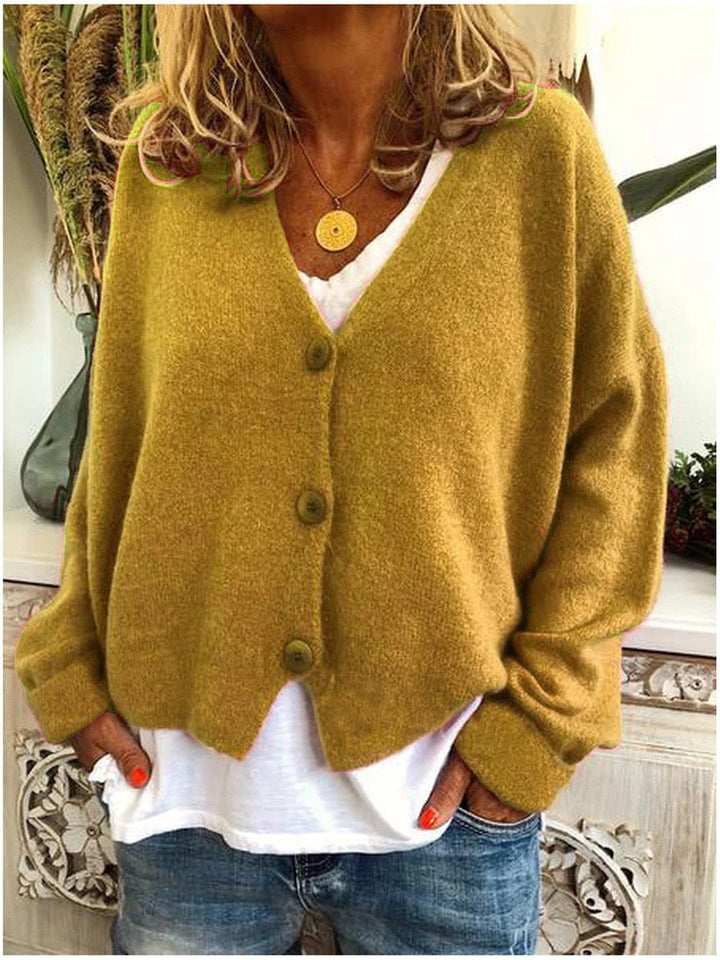 Smart casual women's V-neck button front cardigan, a classic addition to any wardrobe.
