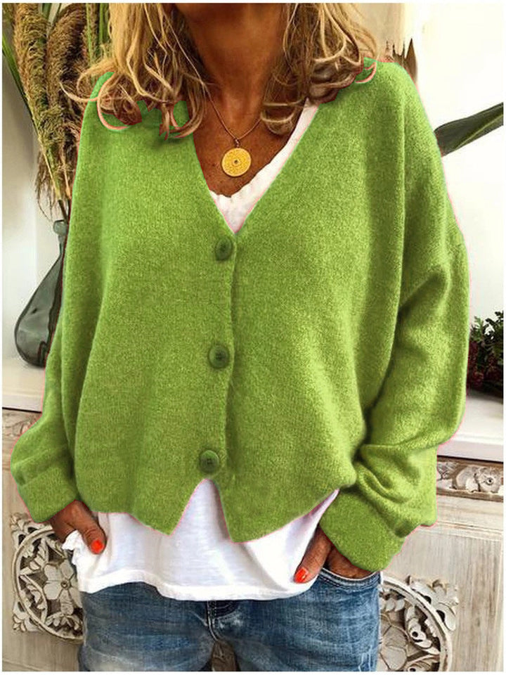 Elegant women's V-neck long-sleeve cardigan with button details, perfect for spring/fall.