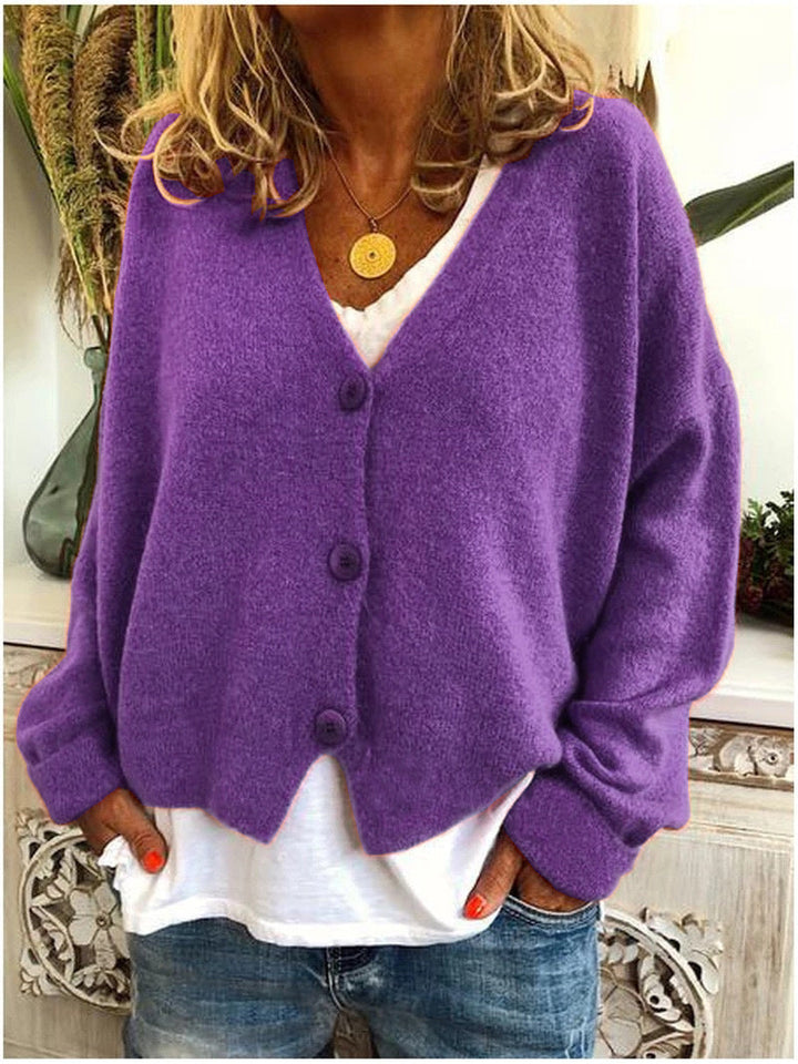 Versatile women's V-neck button-up cardigan, perfect for casual spring & fall wear.