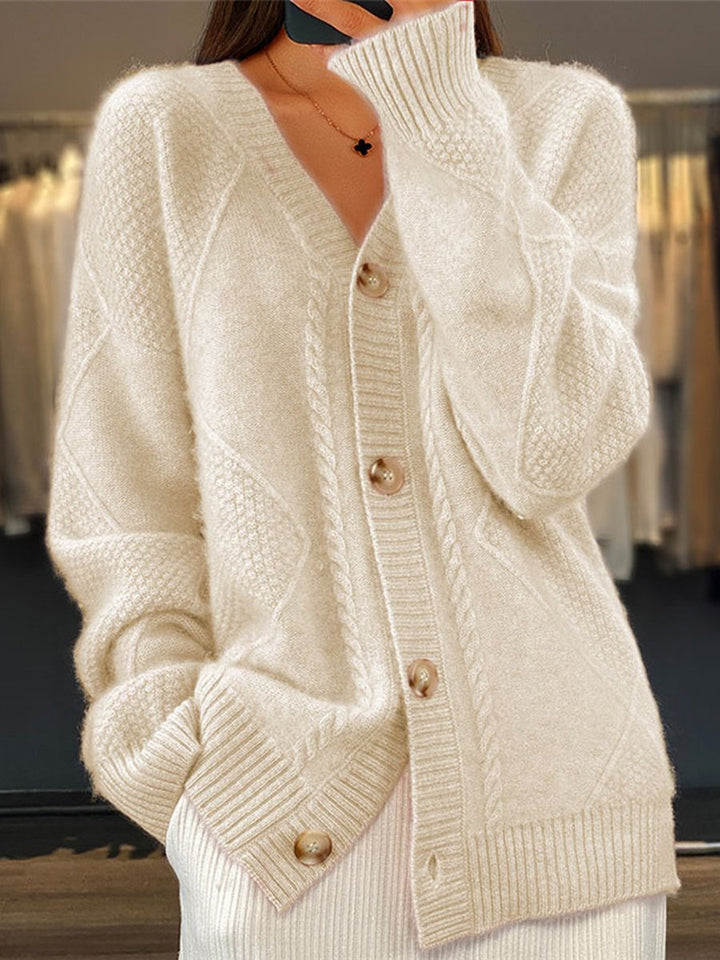 Women's V-Neck Cable Knit Cardigan Sweater, a cozy button-front long sleeve for fall & winter layering.