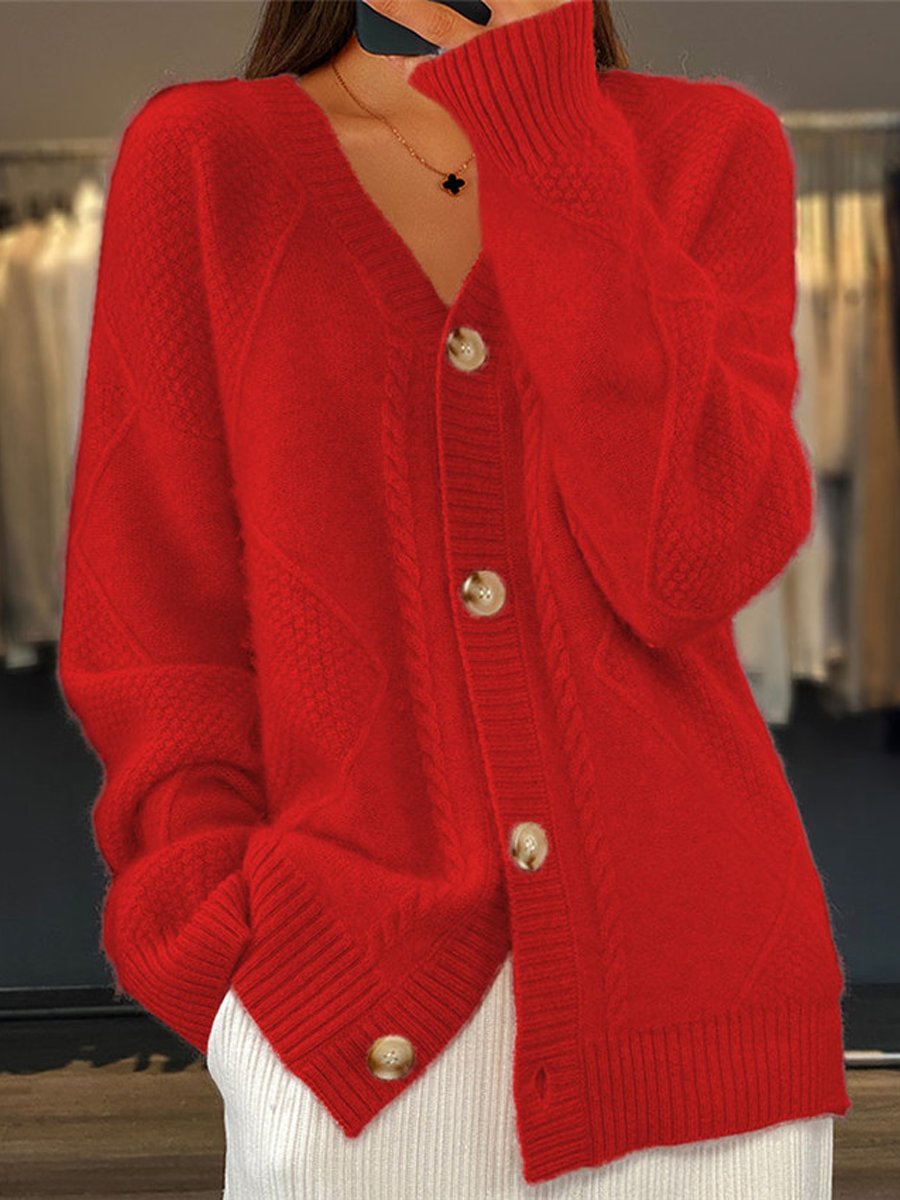 Stylish women's V-neck cable knit cardigan with button front. Perfect for casual wear or office outfits.