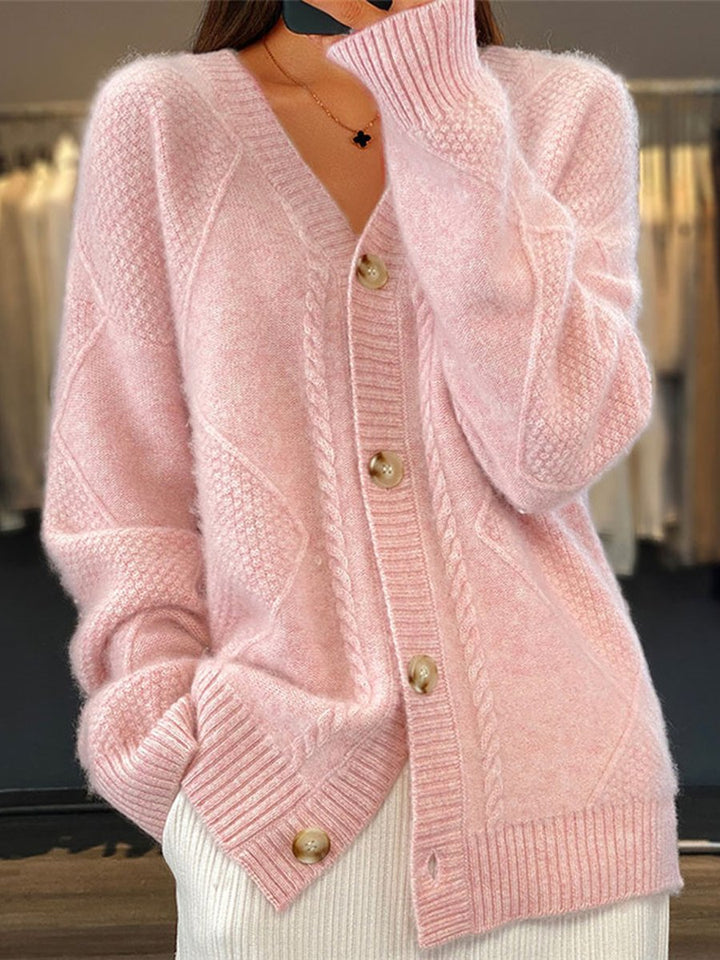Versatile women's V-neck cable knit cardigan, a button-front long sleeve sweater for office, casual, and layering.