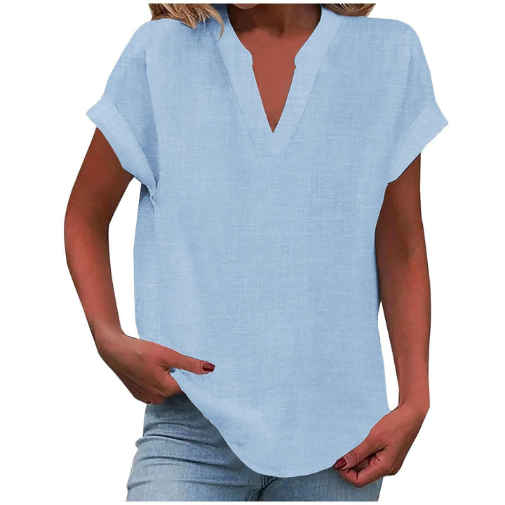 Summer/autumn women's textured V-neck cap sleeve shirt, featuring a comfortable curved hem design.