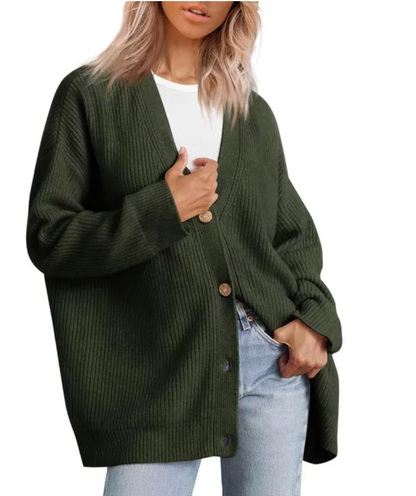 Button-front V-neck cardigan for women, stylish and practical knitwear sweater.