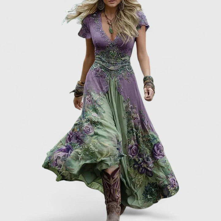 Women's V-neck floral maxi dress, a flowy summer style perfect for casual and party wear.