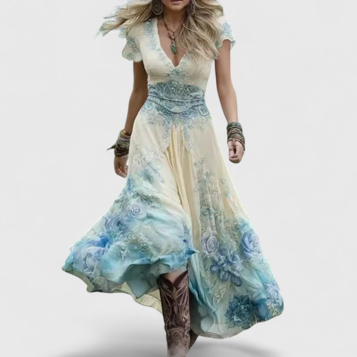 Flowy V-neck floral maxi dress for women, ideal for summer beach trips, vacations, or casual outings.