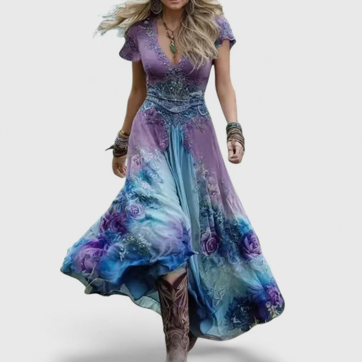 Elegant women's bohemian floral maxi dress with a V-neck, perfect for summer parties or vacation wear.