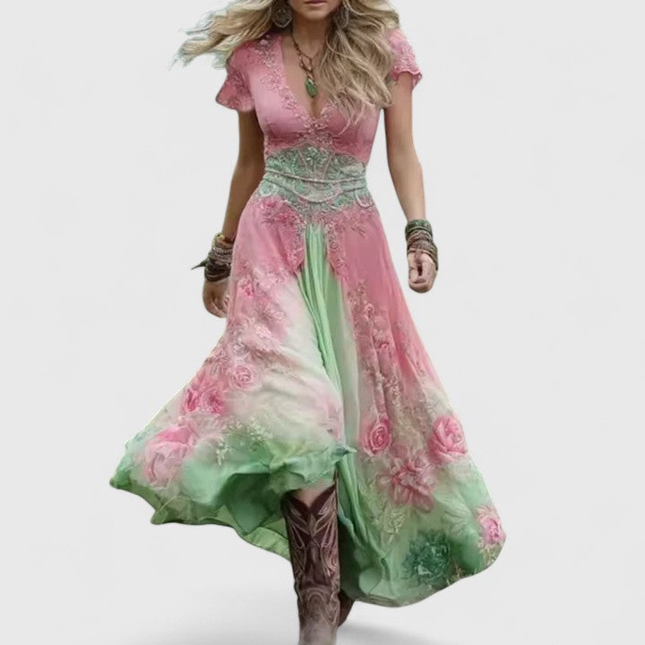 Comfortable women's floral print maxi dress featuring a chic V-neck, ideal for relaxed summer days.