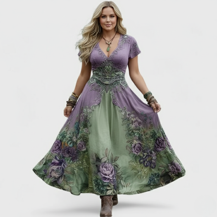 Stylish women's flowy V-neck floral maxi dress, a versatile piece for summer, parties, or vacation.