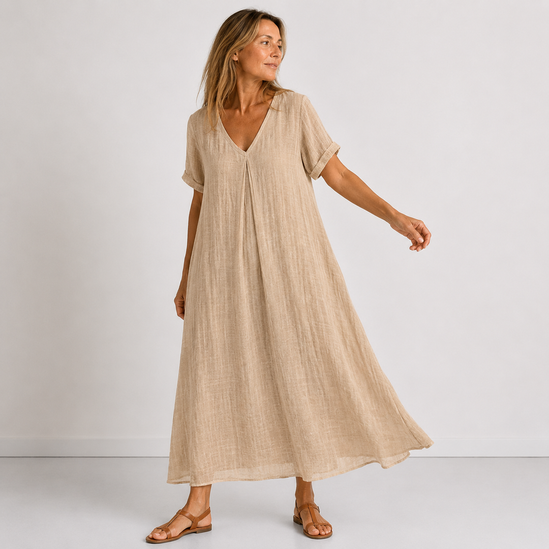 Everyday women's V-neck flowy maxi dress. Elegant, comfortable, & versatile for any casual spring/summer occasion.