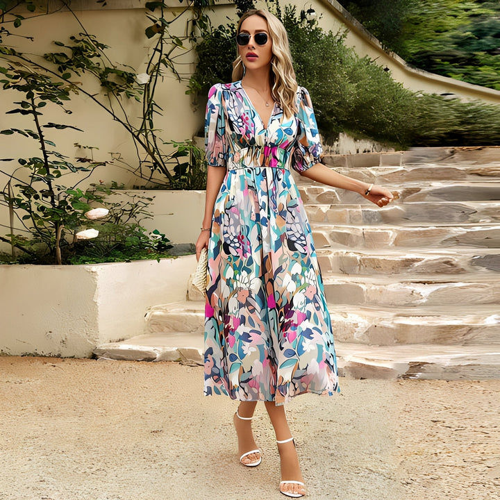 Elegant women's holiday dress with a comfortable, flowy v-neck design