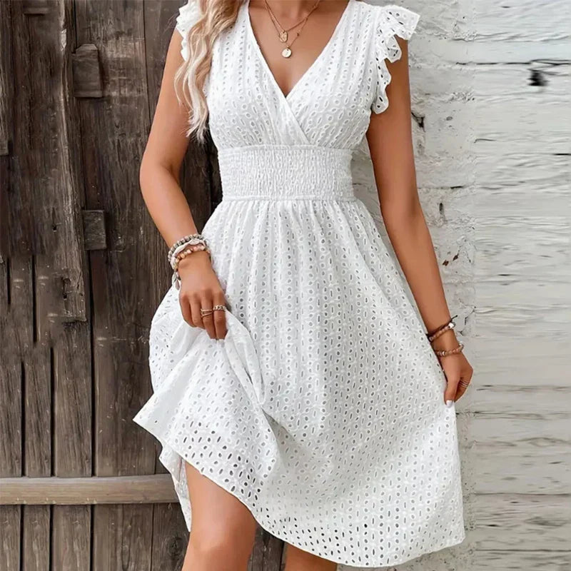 Women's V-neck flutter sleeve summer dress, perfect for casual outings or warm weather fashion.