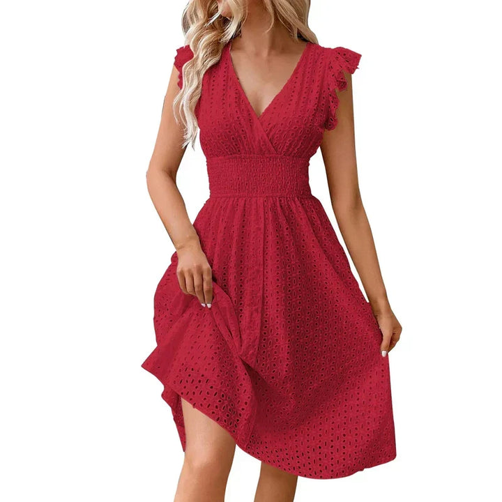 Stylish women's flutter sleeve V-neck midi dress, a chic choice for elegant summer fashion.
