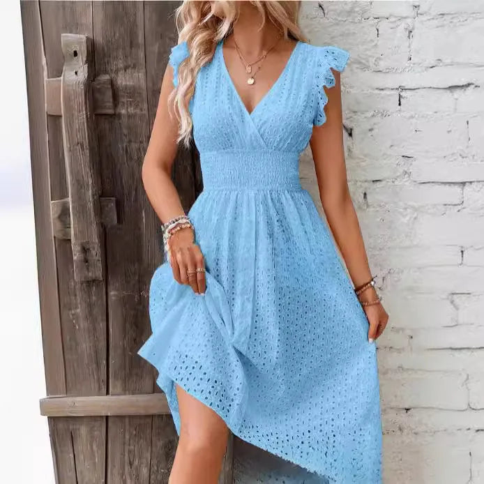 Lovely women's summer sundress with a V-neck and flutter sleeves, great for sunny days.