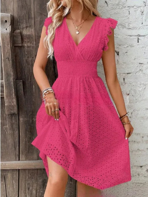 Versatile women's V-neck flutter sleeve casual midi dress, perfect for any warm weather occasion.