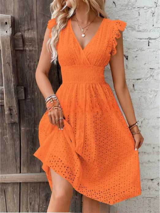 Modern women's V-neck flutter sleeve midi dress, a trendy casual summer and beachwear option.