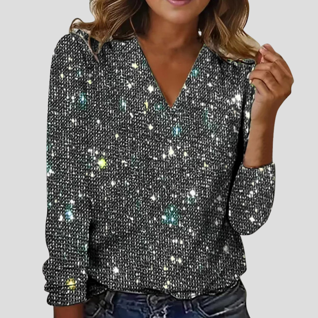 Women's V-neck glitter sequin blouse, elegant long sleeve party top in plus size.