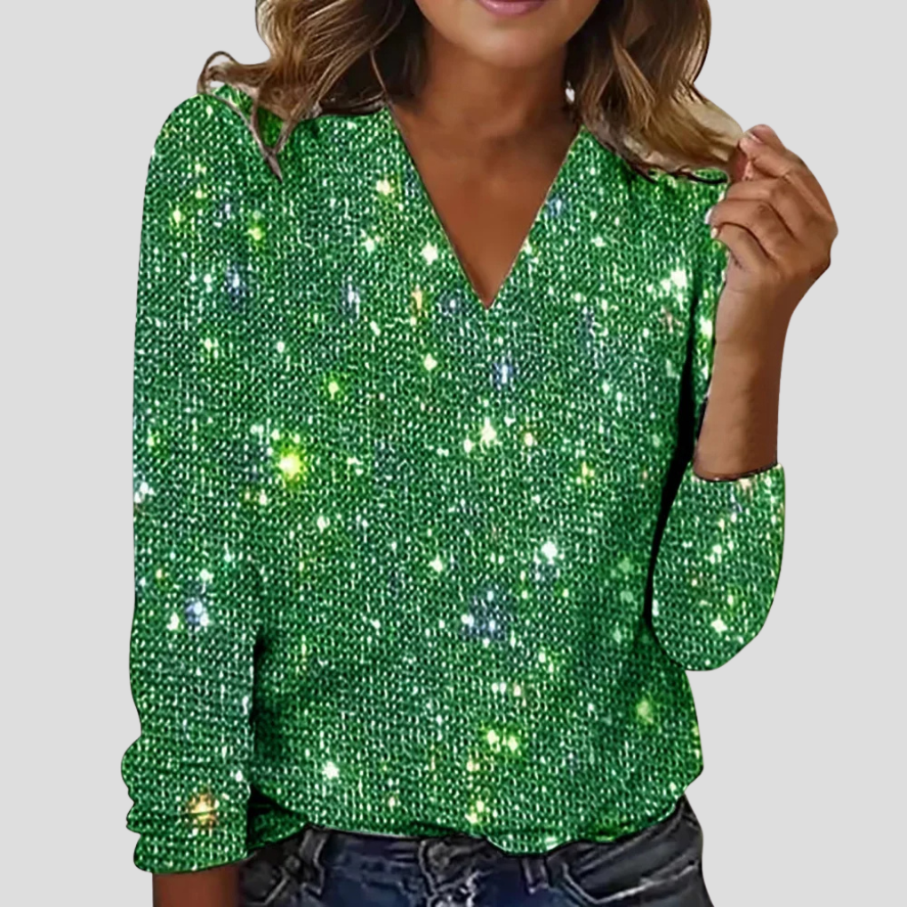 Plus size women's sequin V-neck top with long sleeves, a chic and elegant party wear choice.