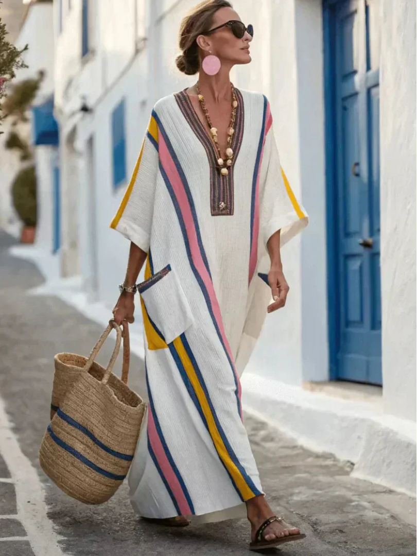 Versatile women's V-neck maxi dress with half sleeves & pockets. A comfortable long dress for spring & summer.