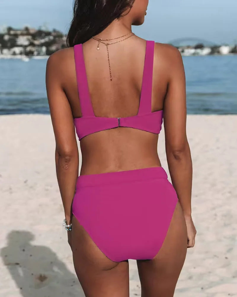 Classic women's high-waisted two-piece swimsuit; V-neck bikini set for comfortable swimwear.